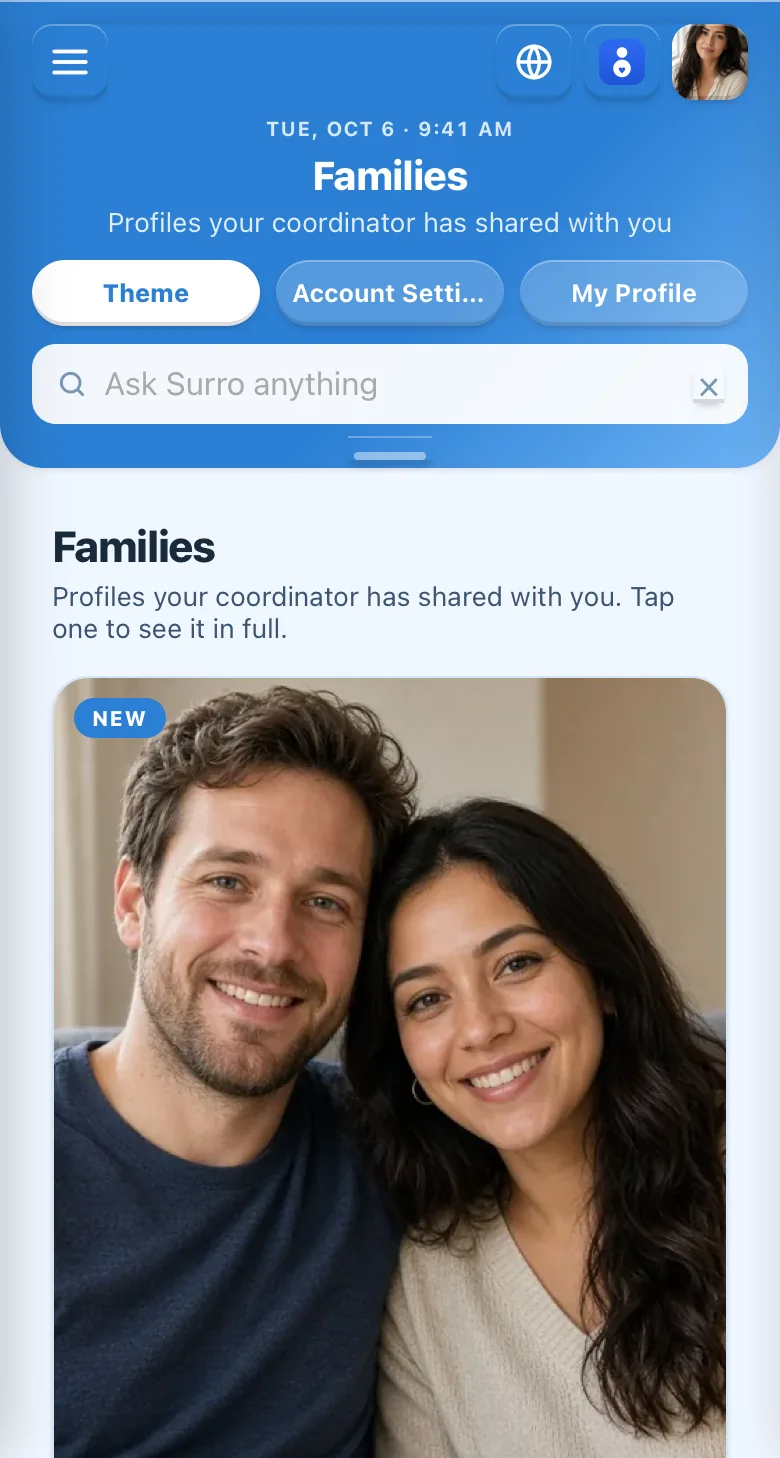A surrogate browsing the families shared with her, on her phone